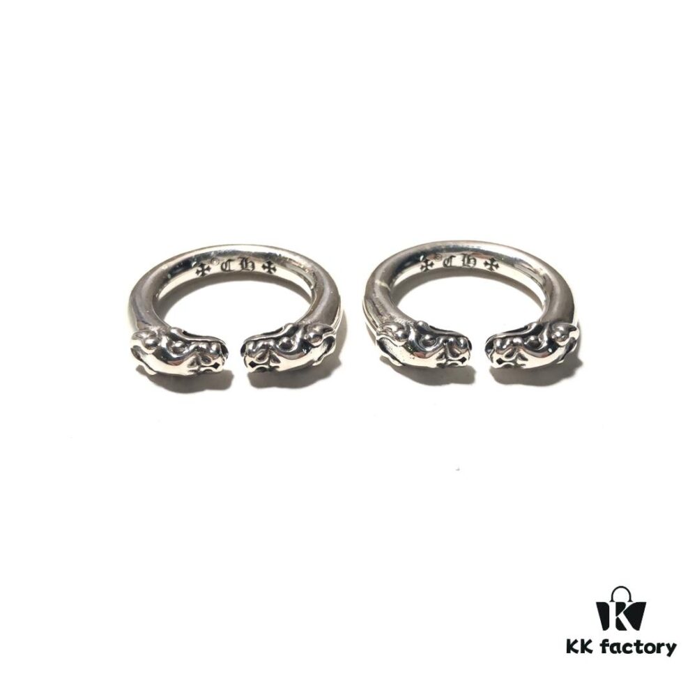 693008cd12f62673a6fab698 Chrome Hearts Double Dragon Dog Head Ring with Adjustable Open Design and Embossed Lettering Details