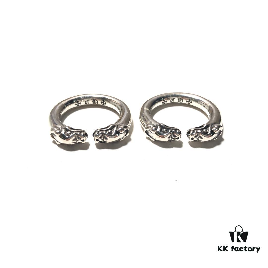 693008cd12f62673a6fab698 Chrome Hearts Double Dragon Dog Head Ring with Adjustable Open Design and Embossed Lettering Details