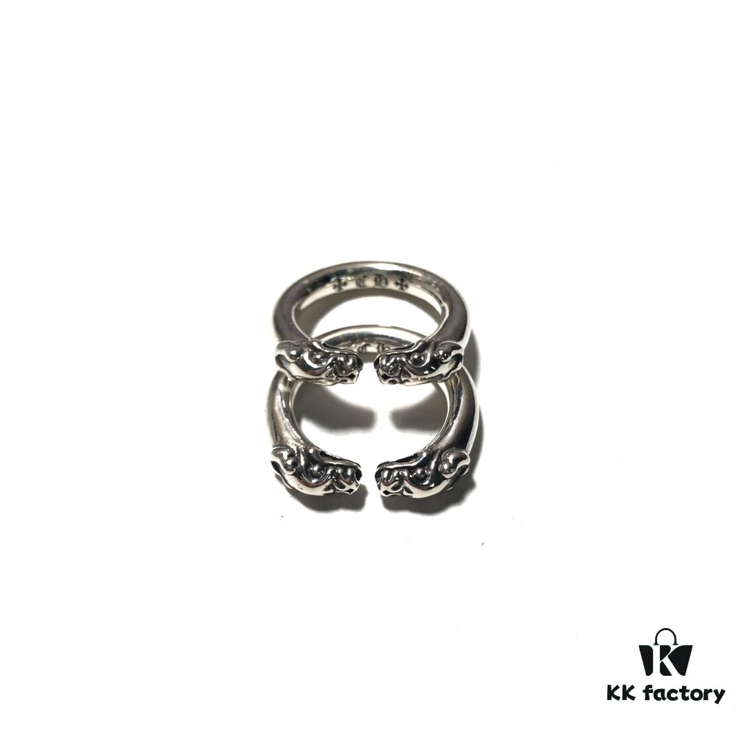 693008ce12f62673a6fab699 Chrome Hearts Double Dragon Dog Head Ring with Adjustable Open Design and Embossed Lettering Details