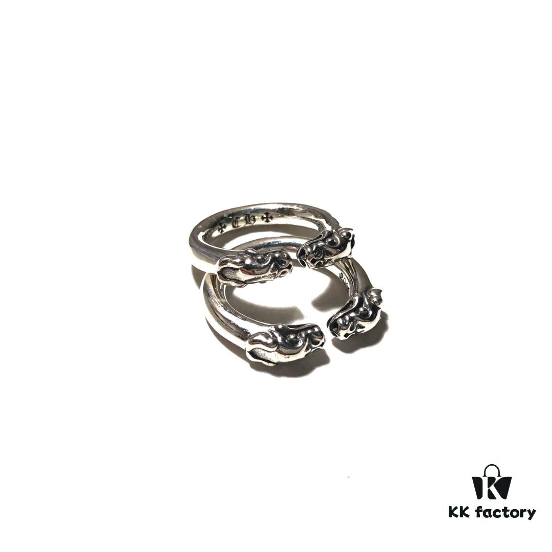 693008ce12f62673a6fab69b Chrome Hearts Double Dragon Dog Head Ring with Adjustable Open Design and Embossed Lettering Details