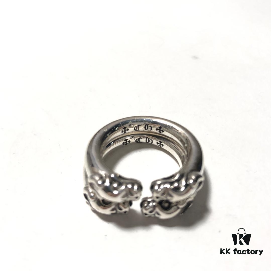 693008cf12f62673a6fab69d Chrome Hearts Double Dragon Dog Head Ring with Adjustable Open Design and Embossed Lettering Details