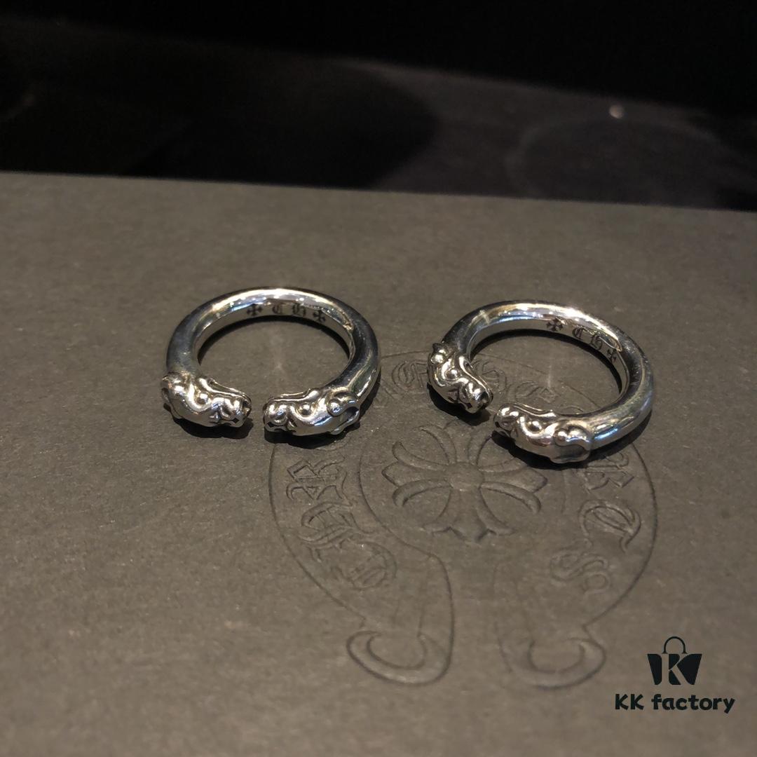 693008d012f62673a6fab6a0 Chrome Hearts Double Dragon Dog Head Ring with Adjustable Open Design and Embossed Lettering Details