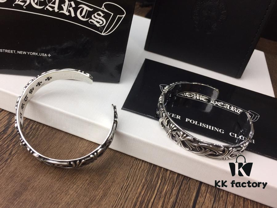 693008e112f62673a6fab6c8 Chrome Hearts Wide Open Bangle Bracelet with Vintage Gothic Cross Design
