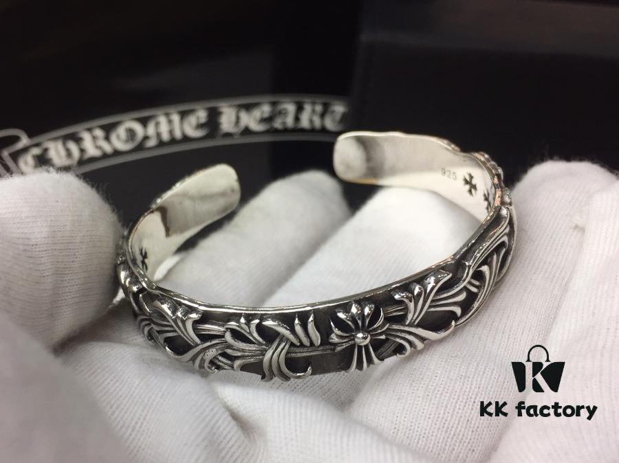 693008e212f62673a6fab6c9 Chrome Hearts Wide Open Bangle Bracelet with Vintage Gothic Cross Design