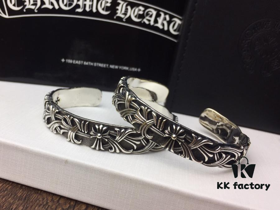 693008e312f62673a6fab6ce Chrome Hearts Wide Open Bangle Bracelet with Vintage Gothic Cross Design