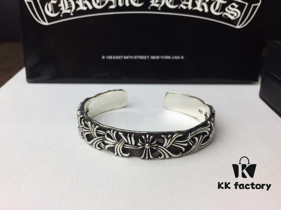 693008f012f62673a6fab6e1 Chrome Hearts Wide Open Bangle Bracelet with Vintage Gothic Cross Design