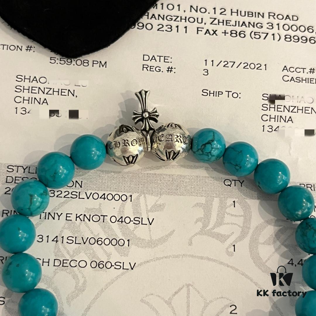 6930095612f62673a6fab7bf Chrome Hearts Turquoise and 925 Sterling Silver Bead Bracelet - Classic Unisex Design with Oxidized Finish