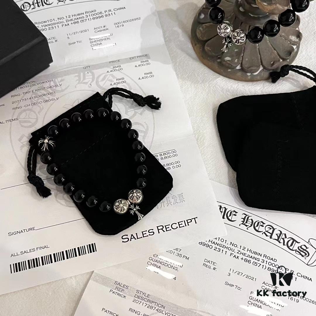 6930095712f62673a6fab7c1 Chrome Hearts Obsidian and Sterling Silver Bead Bracelet with Four Cross Charms
