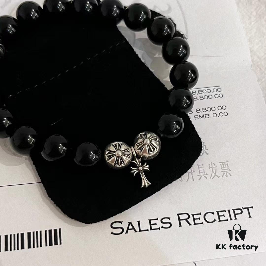 6930095912f62673a6fab7c5 Chrome Hearts Obsidian and Sterling Silver Bead Bracelet with Four Cross Charms
