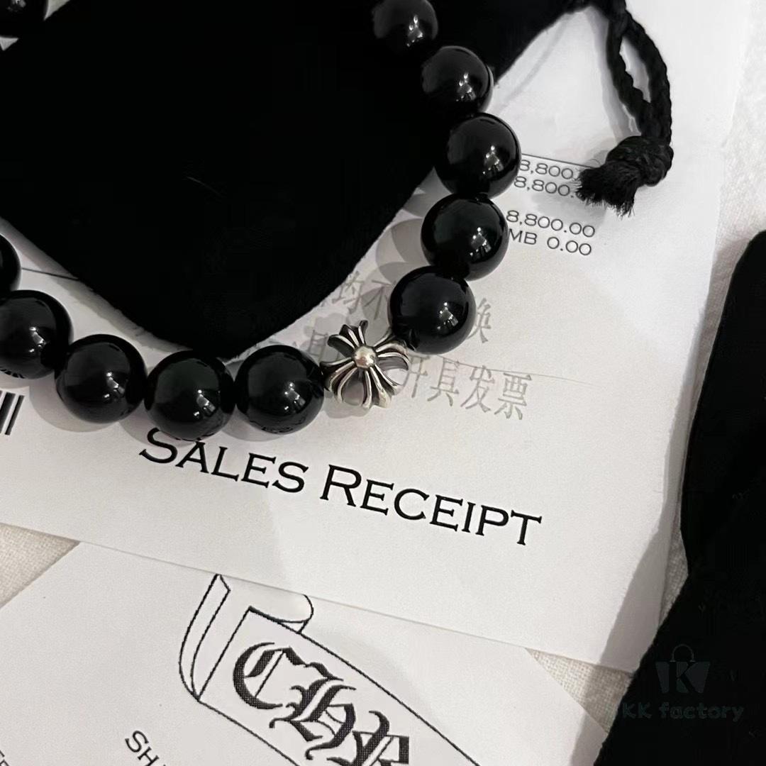 6930095912f62673a6fab7c6 Chrome Hearts Obsidian and Sterling Silver Bead Bracelet with Four Cross Charms