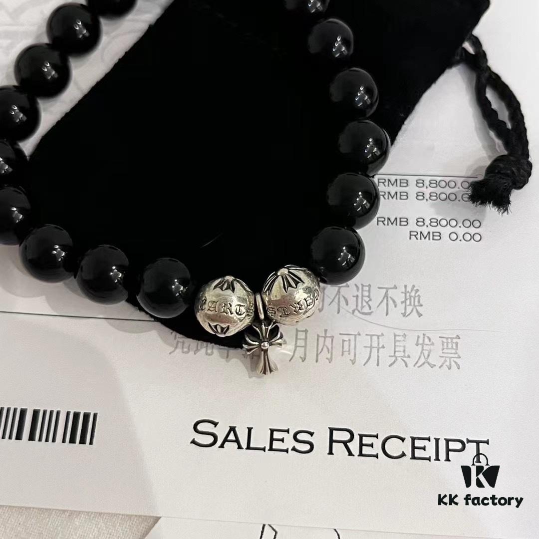 6930095912f62673a6fab7c7 Chrome Hearts Obsidian and Sterling Silver Bead Bracelet with Four Cross Charms