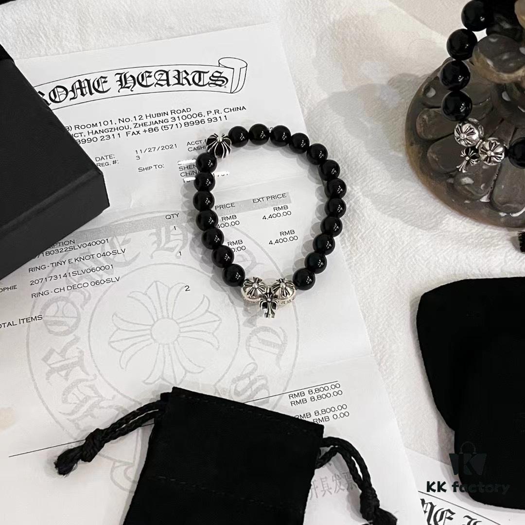 6930095a12f62673a6fab7ca Chrome Hearts Obsidian and Sterling Silver Bead Bracelet with Four Cross Charms