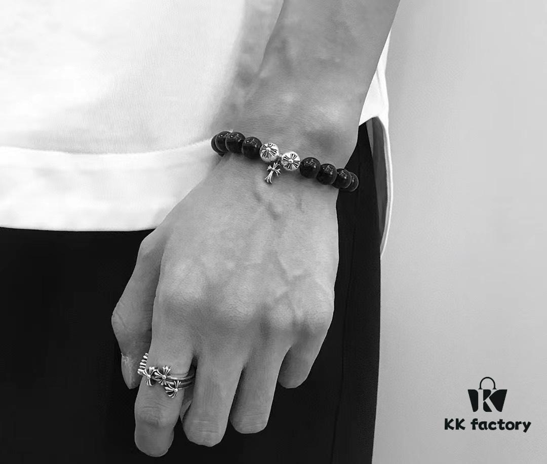 6930095b12f62673a6fab7cb Chrome Hearts Obsidian and Sterling Silver Bead Bracelet with Four Cross Charms
