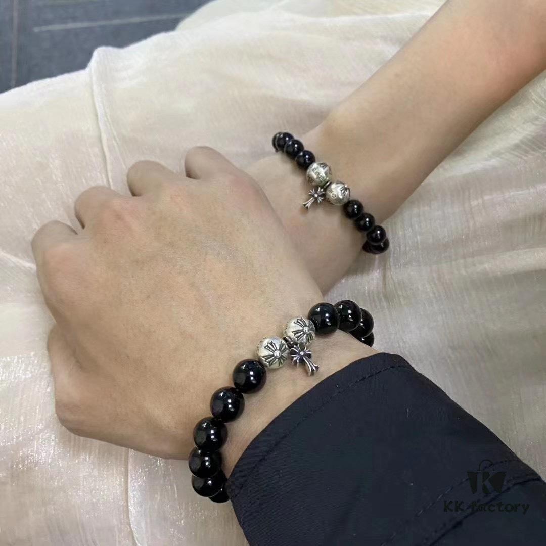 6930095b12f62673a6fab7cc Chrome Hearts Obsidian and Sterling Silver Bead Bracelet with Four Cross Charms