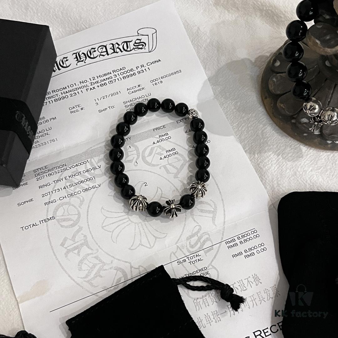 6930095d12f62673a6fab7ce Chrome Hearts Valentine's Gift 🎁 Obsidian with Four Sterling Silver Beads Bracelet