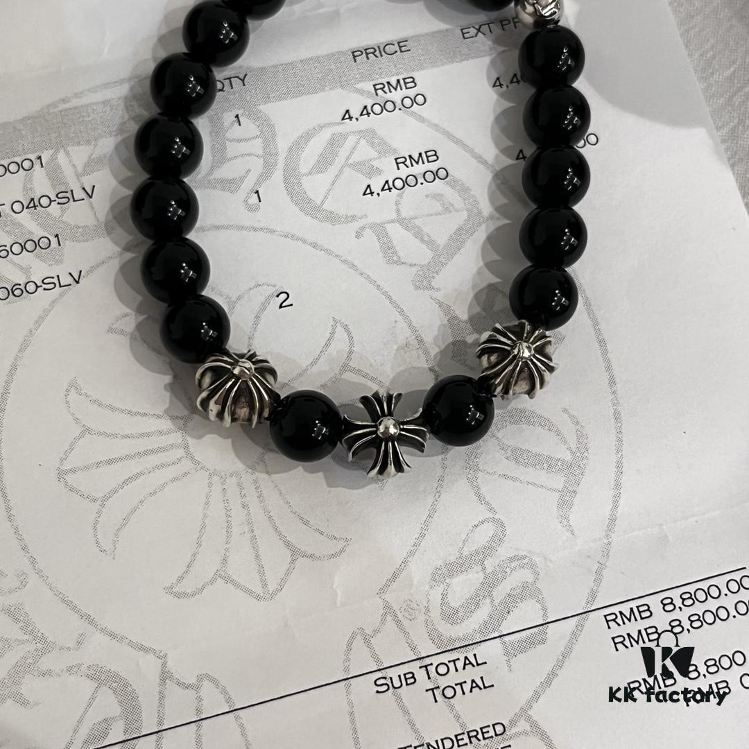 6930095e12f62673a6fab7d0 Chrome Hearts Valentine's Gift 🎁 Obsidian with Four Sterling Silver Beads Bracelet