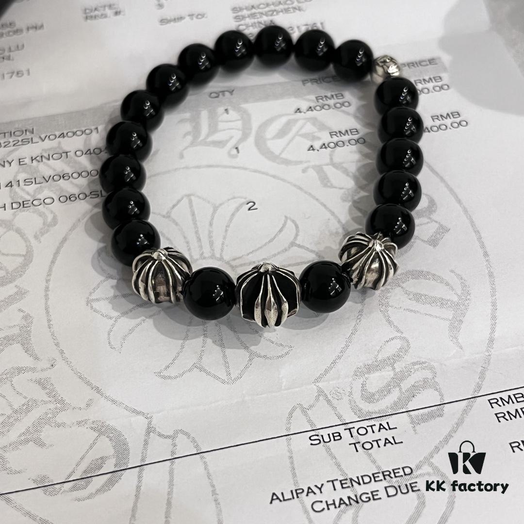 6930095e12f62673a6fab7d3 Chrome Hearts Valentine's Gift 🎁 Obsidian with Four Sterling Silver Beads Bracelet