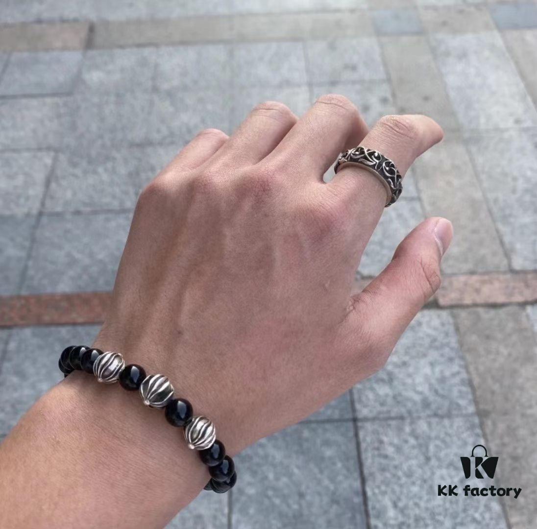 6930096012f62673a6fab7d5 Chrome Hearts Valentine's Gift 🎁 Obsidian with Four Sterling Silver Beads Bracelet