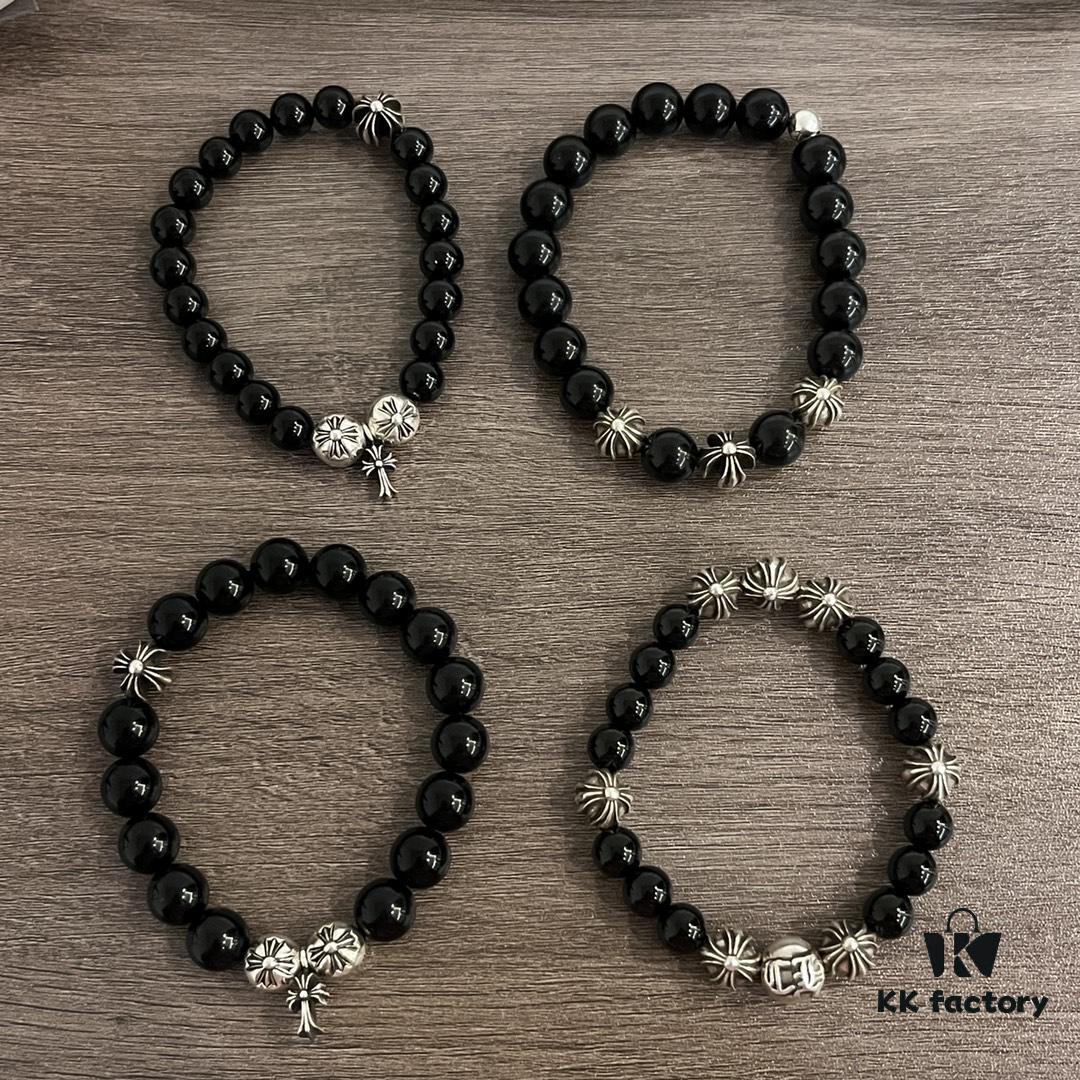 6930096212f62673a6fab7db Chrome Hearts Valentine's Gift 🎁 Obsidian with Four Sterling Silver Beads Bracelet