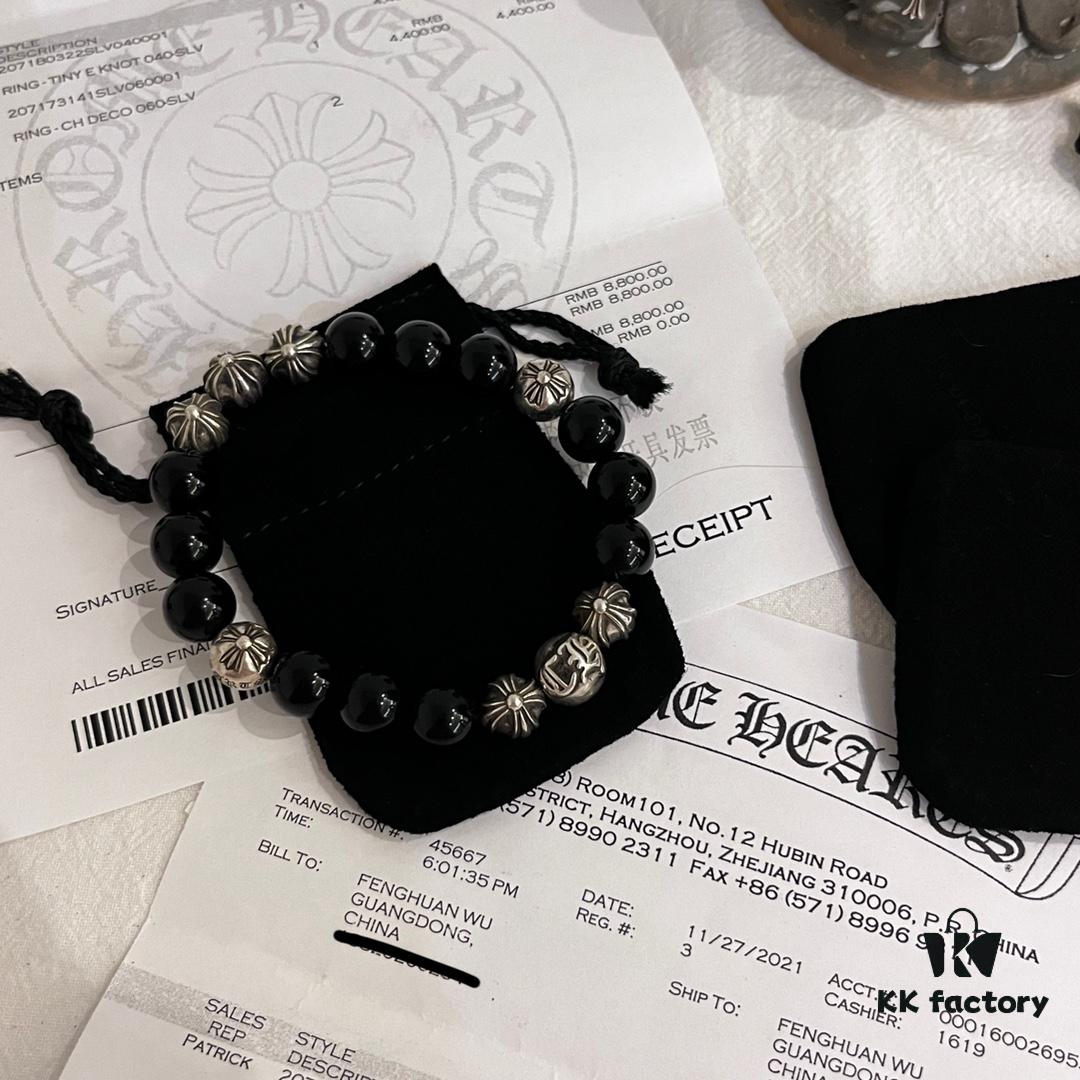 Valentine's Day Gift Chrome Hearts Black Obsidian and 925 Sterling Silver Bracelet with Oxidized Cross Beads