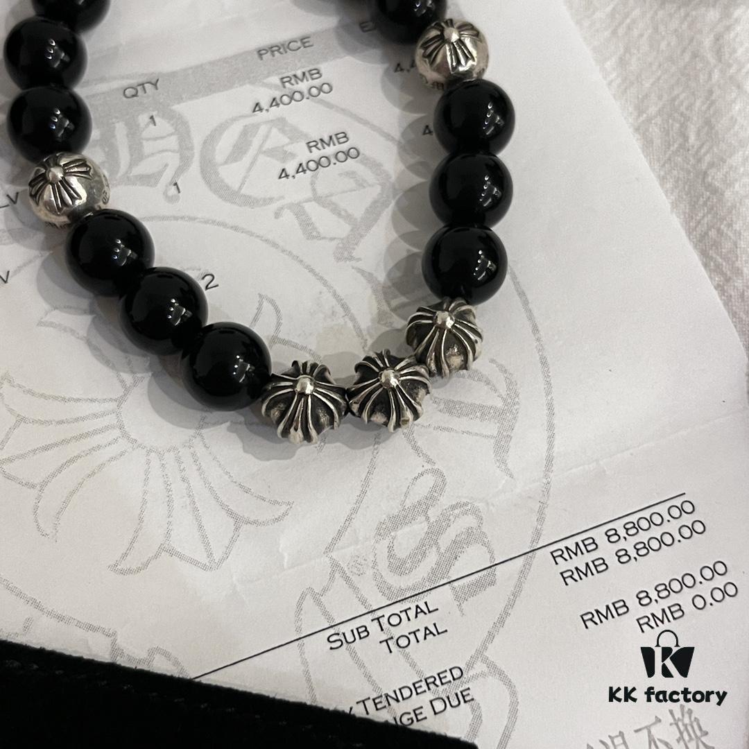 Valentine's Day Gift Chrome Hearts Black Obsidian and 925 Sterling Silver Bracelet with Oxidized Cross Beads