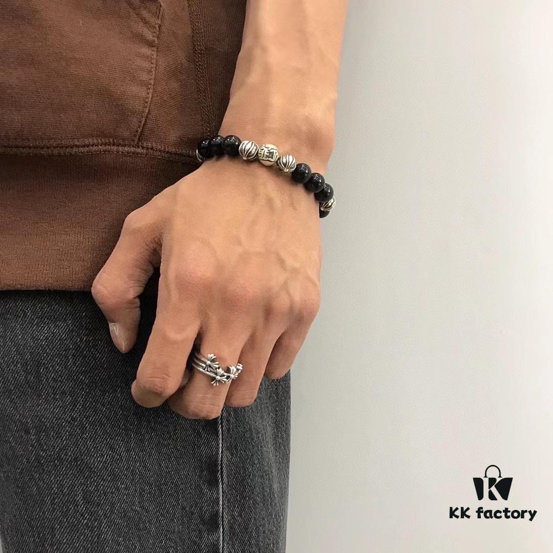 Valentine's Day Gift Chrome Hearts Black Obsidian and 925 Sterling Silver Bracelet with Oxidized Cross Beads