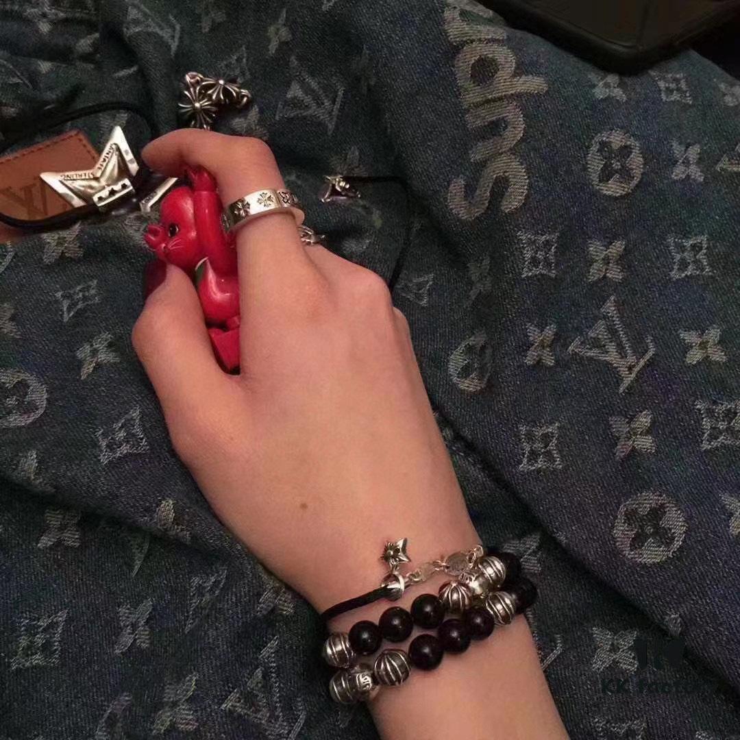 Valentine's Day Gift Chrome Hearts Black Obsidian and 925 Sterling Silver Bracelet with Oxidized Cross Beads