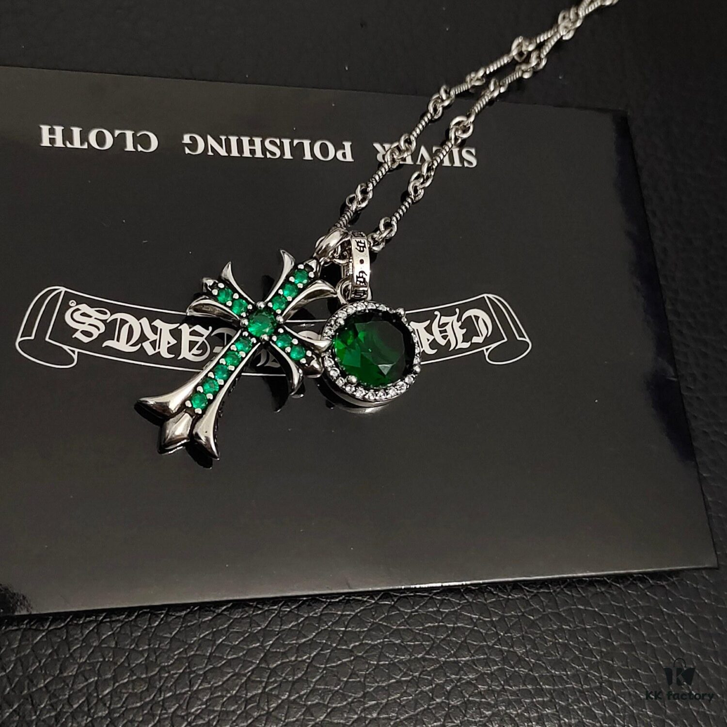 693009cf12f62673a6fab8a2 Today's Recommendation: Chrome Hearts Vintage Green Diamond Cross Necklace