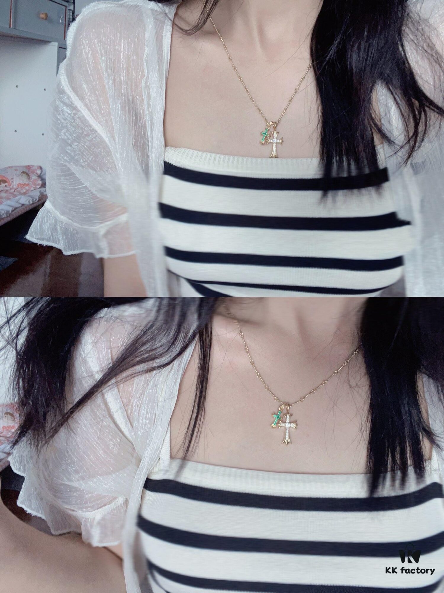 693009d512f62673a6fab8a8 Chrome Hearts Double Cross Necklace with White and Green Diamonds