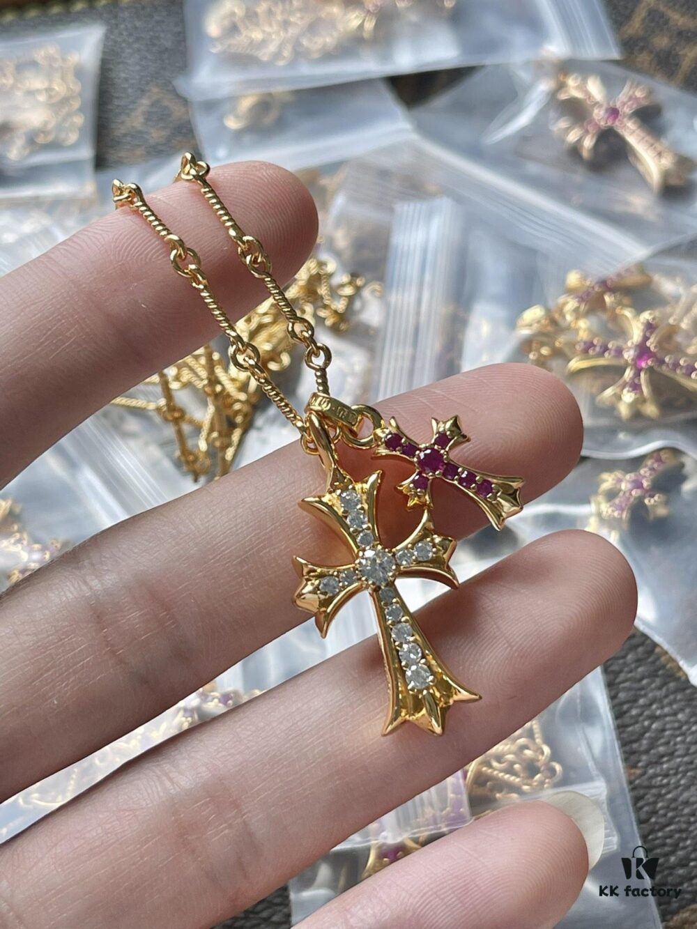 693009db12f62673a6fab8b5 Chrome Hearts Double Cross Necklace with White and Pink Diamonds