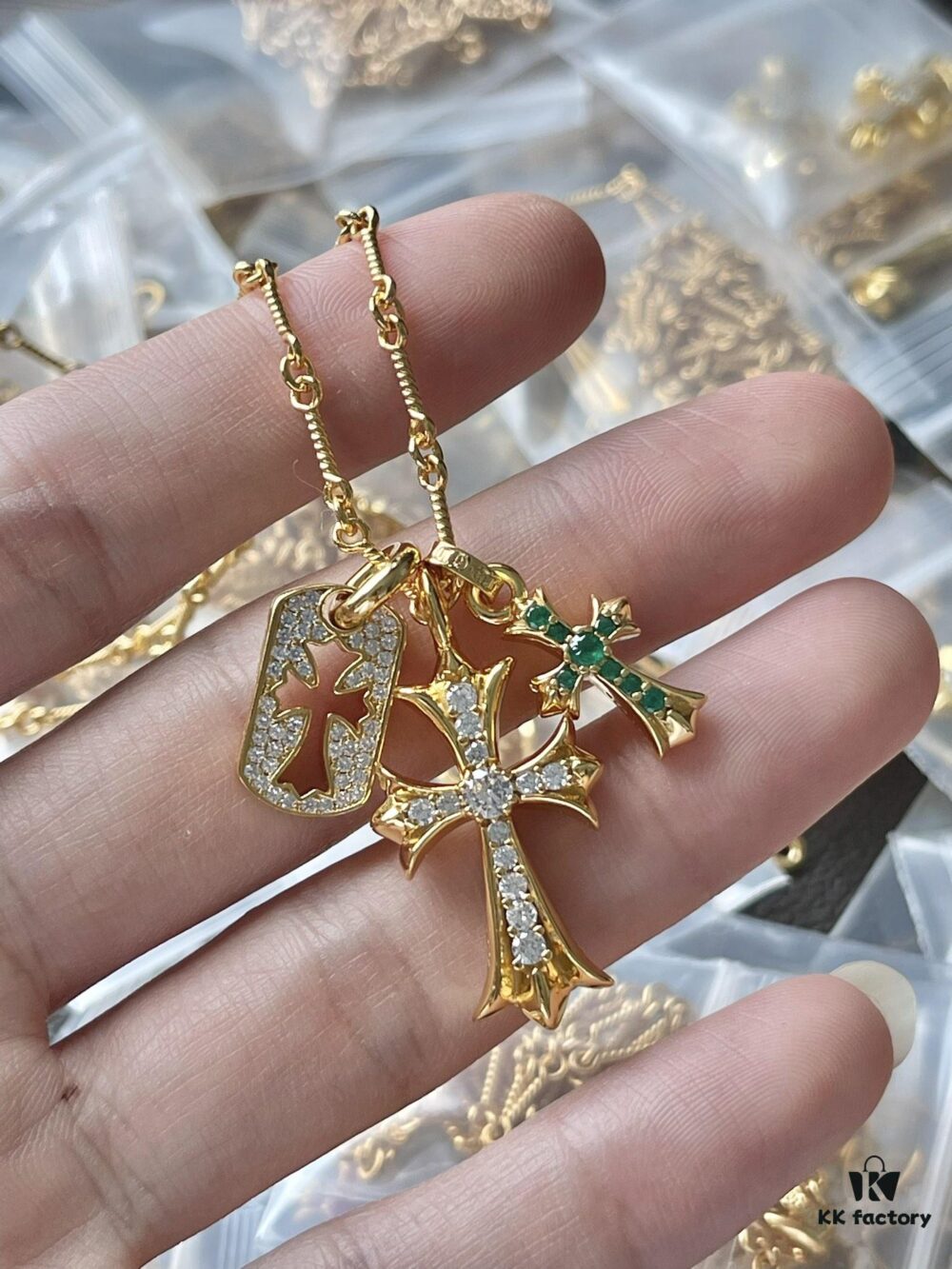 693009e012f62673a6fab8bb Chrome Hearts Double Cross Necklace with White Diamonds, Green Diamonds, and Dog Tag