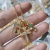Chrome Hearts Double Cross Necklace with White Diamonds, Green Diamonds, and Dog Tag