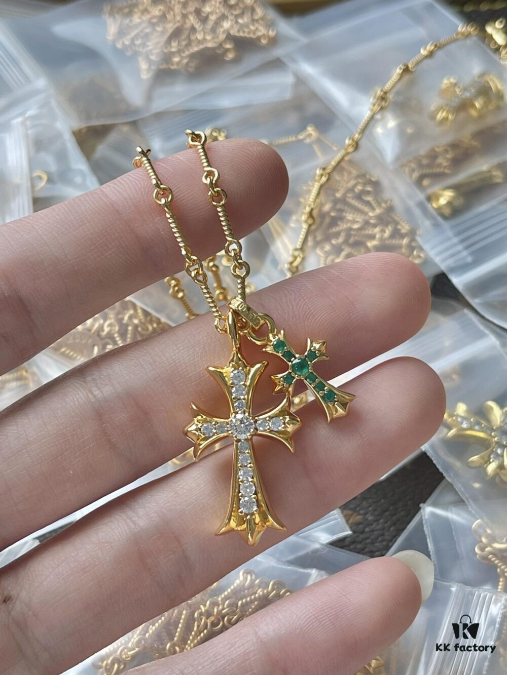693009ec12f62673a6fab8d6 Chrome Hearts Double Cross Necklace with White and Green Diamonds