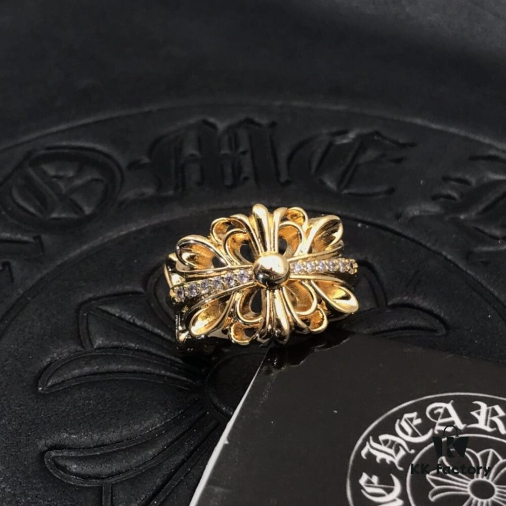 69300a3312f62673a6fab96f CHROME HEARTS High-Replica Cross Open-Band Ring with Diamond Inlay in 22K Gold