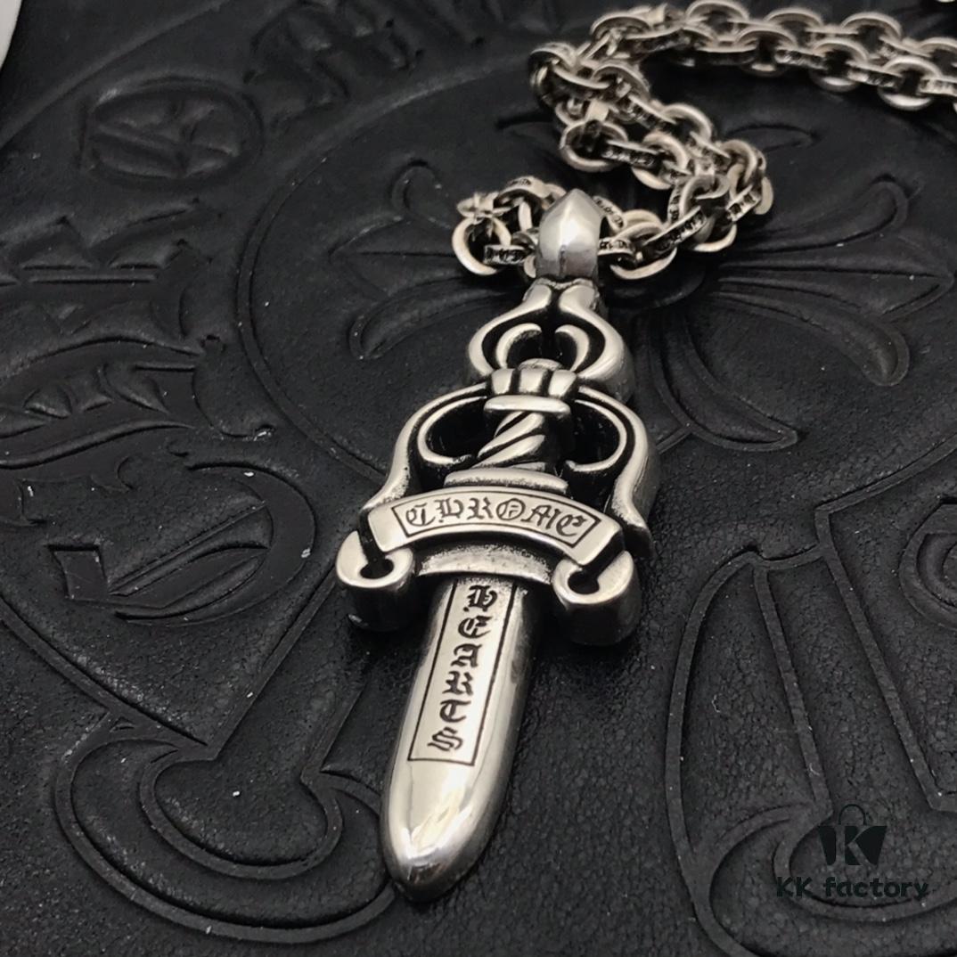 High-Version Chrome Hearts Large Sword Pendant Necklace, Original Handwritten Engraving, Paired with Letter Chain, 50-70cm Adjustable Length