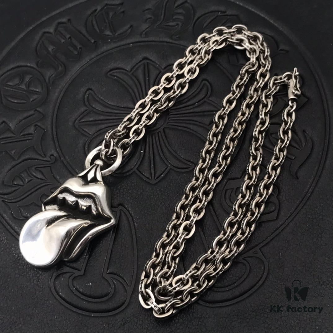 69300aa912f62673a6faba54 High-End Chrome Hearts Oversized Rolling Stones Tongue Pendant Necklace with Letter Chain, 50-70cm Adjustable Length