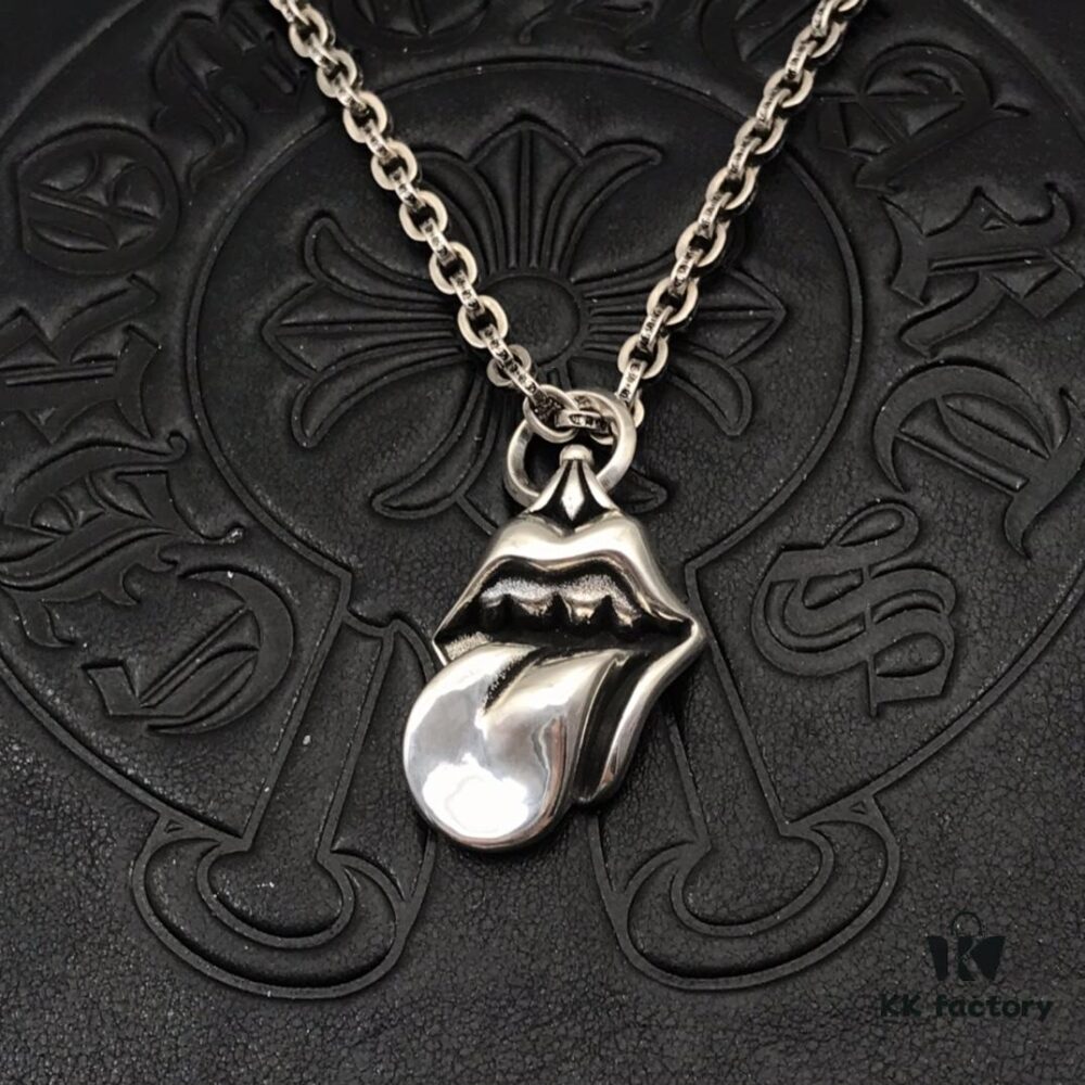 High-End Chrome Hearts Oversized Rolling Stones Tongue Pendant Necklace with Letter Chain, 50-70cm Adjustable Length
