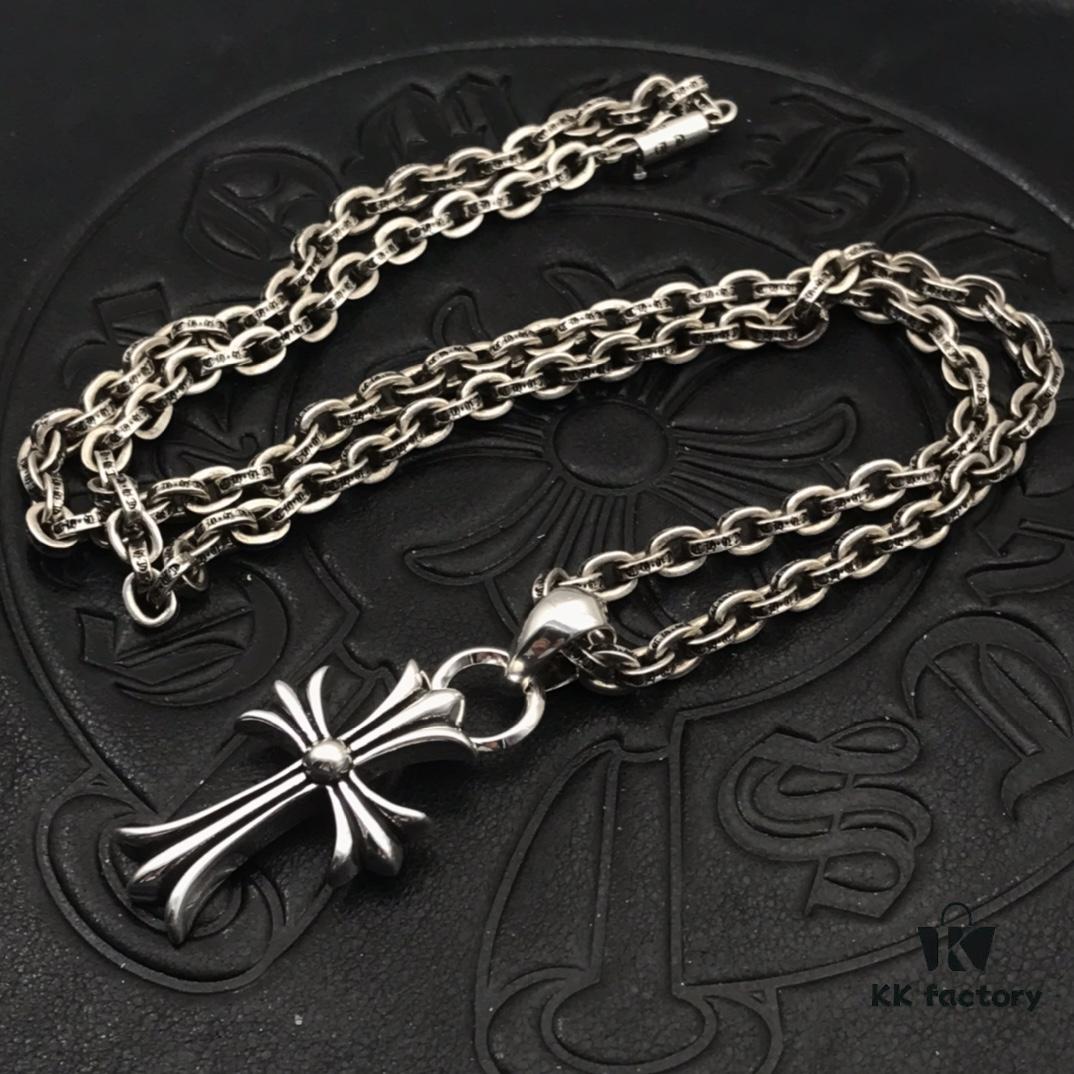 High-Version Chrome Hearts Classic Medium Waterdrop Double Ring Cross Pendant Necklace with Letter Chain, 50-70cm Adjustable Length