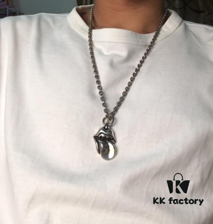 69300ab112f62673a6faba67 High-End Chrome Hearts Oversized Rolling Stones Tongue Pendant Necklace with Letter Chain, 50-70cm Adjustable Length