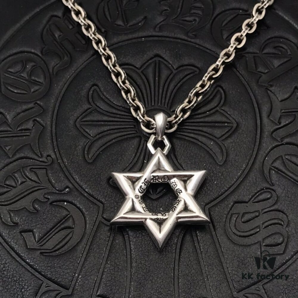 69300b1c12f62673a6fabb7a High-Version Chrome Hearts Large Six-Pointed Star Pendant Necklace, Worn by Numerous Celebrities, Gradual Size Transition from Small to Large at Every Angle, Precise Details, Original Handwritten Engraving, Paired with Letter Chain, Adjustable Length 50-70cm Available