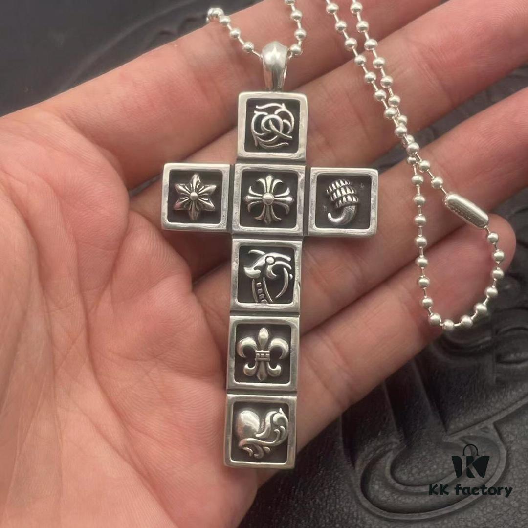 High-End Croxx Seven-Element Cross Pendant Paired with Classic Bead Chain, Available in 50-70cm Lengths