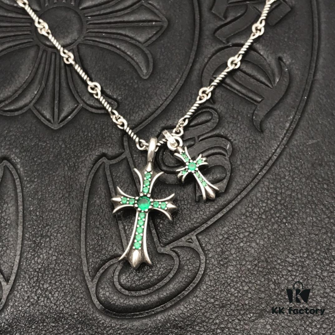 High-Version Chrome Hearts Vintage Green Diamond Double Cross Necklace, One Style Four Straps, The Pinnacle of Cross Necklaces, A Timeless Classic