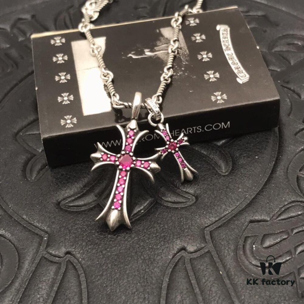 69300b8d12f62673a6fabc3b High-Version Chrome Hearts Pink Diamond Aged Double Cross Necklace, One Item with Four Chains, the Pinnacle of Cross Necklaces, a Timeless Classic