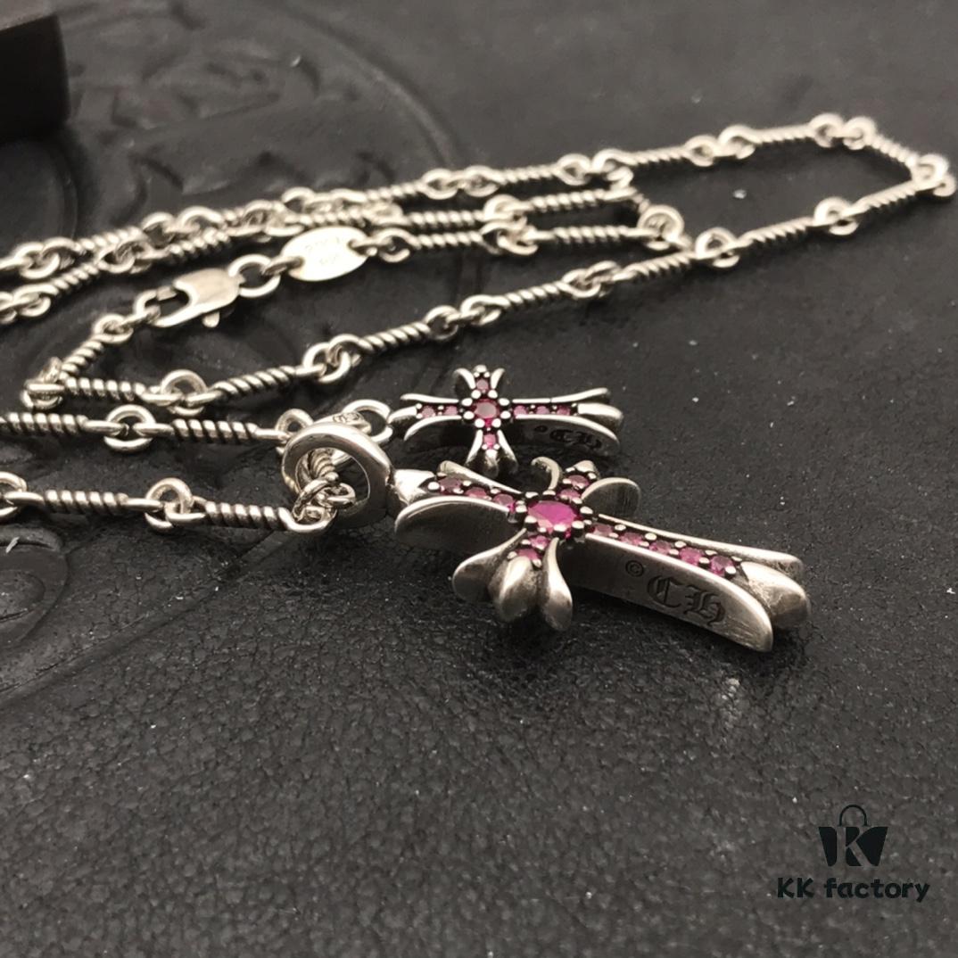High-Version Chrome Hearts Pink Diamond Aged Double Cross Necklace, One Item with Four Chains, the Pinnacle of Cross Necklaces, a Timeless Classic