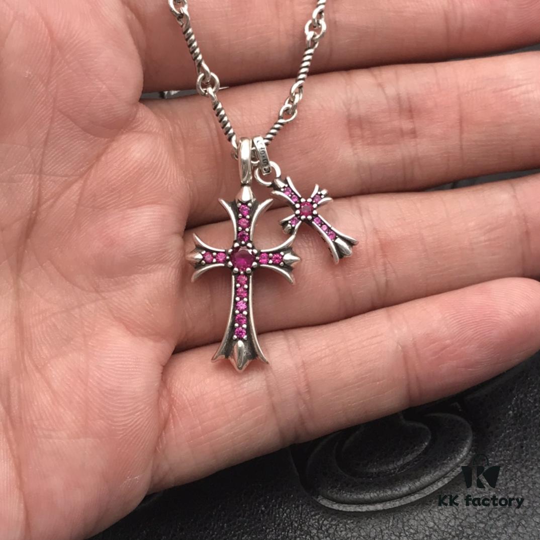 High-Version Chrome Hearts Pink Diamond Aged Double Cross Necklace, One Item with Four Chains, the Pinnacle of Cross Necklaces, a Timeless Classic