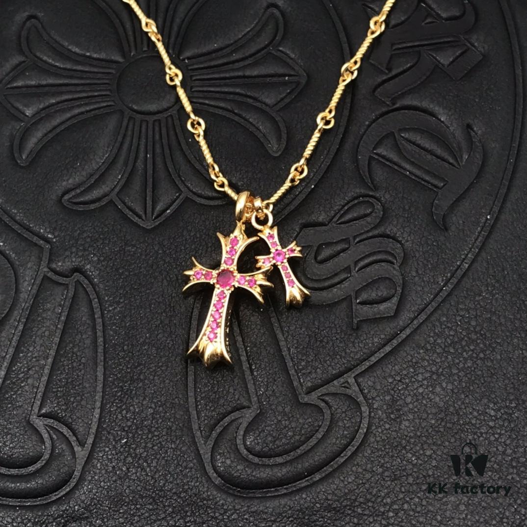 69300b9112f62673a6fabc41 High-End Chrome Hearts Pink Diamond Double Cross Necklace, Thick 22K Gold Plated, 50-70cm Adjustable Chain