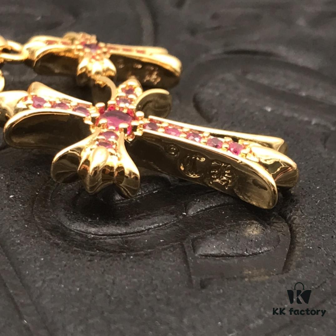 69300b9112f62673a6fabc43 High-End Chrome Hearts Pink Diamond Double Cross Necklace, Thick 22K Gold Plated, 50-70cm Adjustable Chain