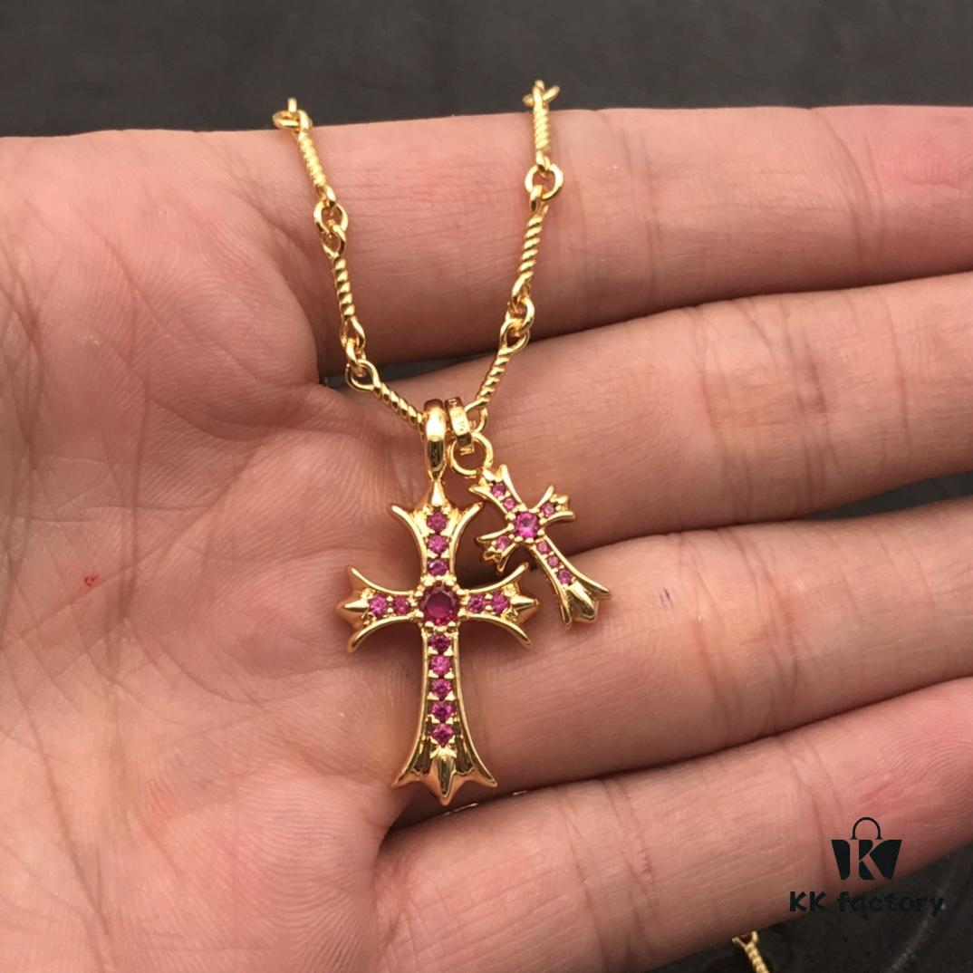 69300b9312f62673a6fabc45 High-End Chrome Hearts Pink Diamond Double Cross Necklace, Thick 22K Gold Plated, 50-70cm Adjustable Chain