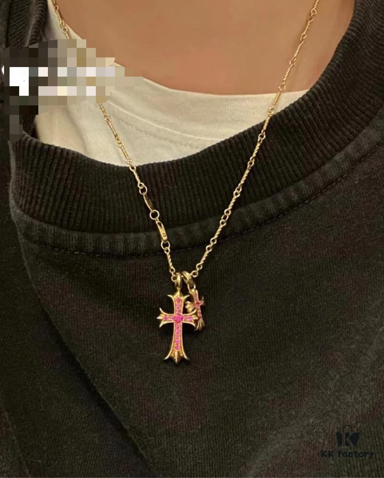 69300b9412f62673a6fabc46 High-End Chrome Hearts Pink Diamond Double Cross Necklace, Thick 22K Gold Plated, 50-70cm Adjustable Chain