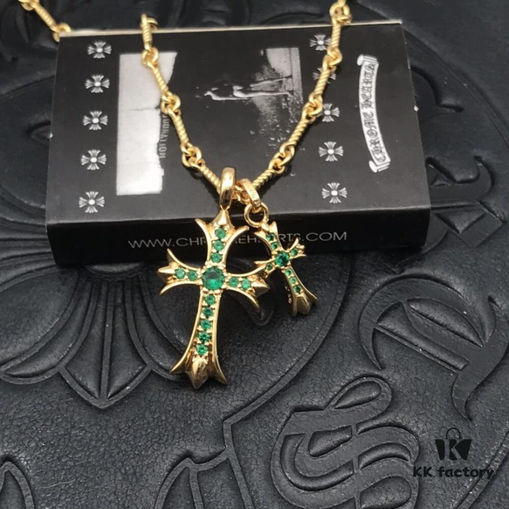 69300b9512f62673a6fabc47 High-Version Chrome Hearts Green Diamond Double Cross Necklace, Thick 22K Gold Plated, Distinct from Common 18K Gold Tone, 22K Offers a Rich Color Close to Pure Gold, One Necklace with Four Adjustable Chains, The Pinnacle of Cross Necklaces, A Timeless Classic